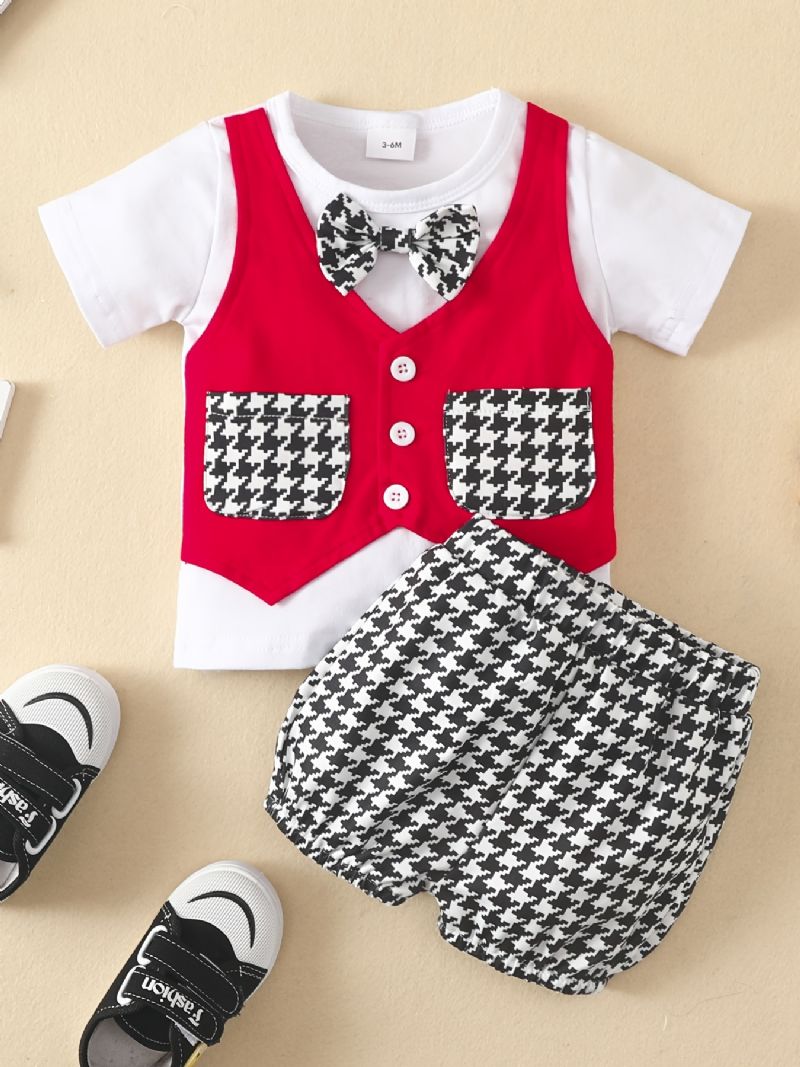 Baby Drenge Gentlemen Outfit Kortærmede & Houndstooth Shorts Sæt