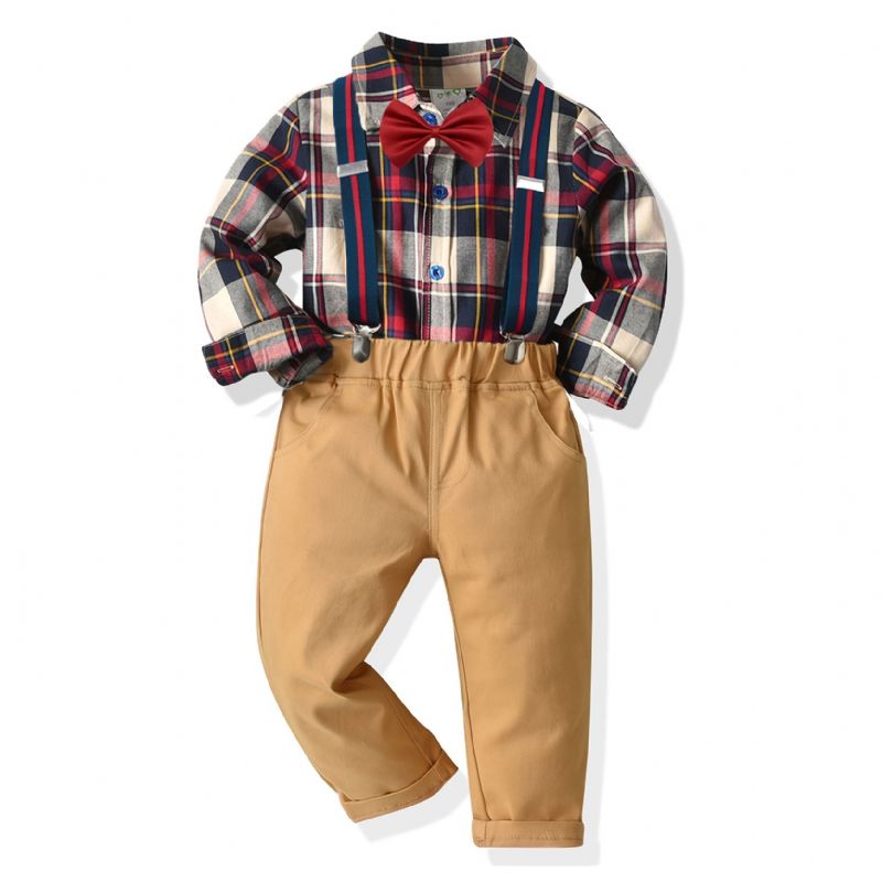 Baby Drenge Herre Outfit Formelt Jakkesæt Langærmet Plaid Skjorte Selebukser Butterfly Overalls Tøj Sæt