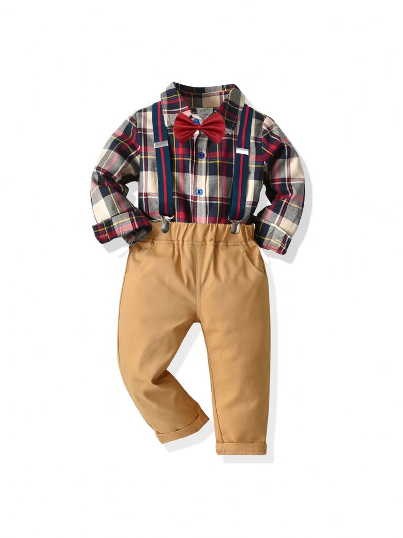 Baby Drenge Herre Outfit Formelt Jakkesæt Langærmet Plaid Skjorte Selebukser Butterfly Overalls Tøj Sæt