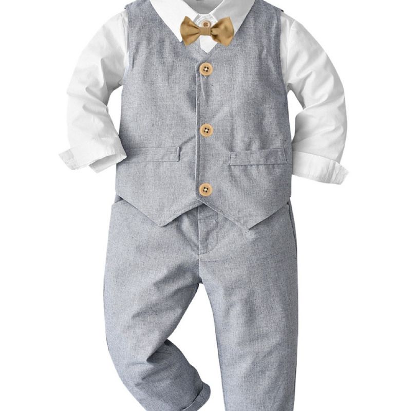 Baby Drenge Herre Outfit Langærmet Bowtie Skjorte Romper & Veste & Bukser Sæt Børnetøj