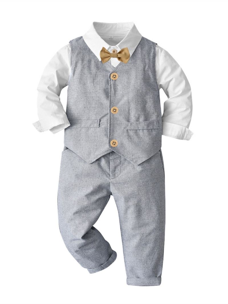 Baby Drenge Herre Outfit Langærmet Bowtie Skjorte Romper & Veste & Bukser Sæt Børnetøj