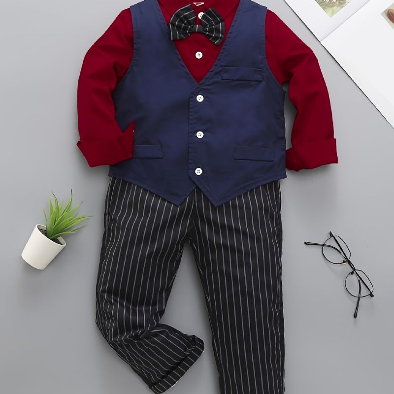 Baby Drenge Herre Outfit Langærmet Bowtie Skjorte & Veste Og Striber Bukser Sæt Børnetøj