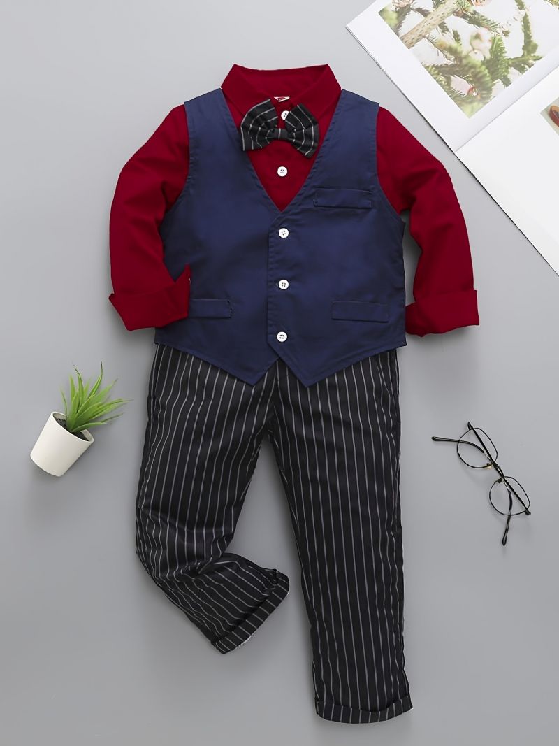 Baby Drenge Herre Outfit Langærmet Bowtie Skjorte & Veste Og Striber Bukser Sæt Børnetøj