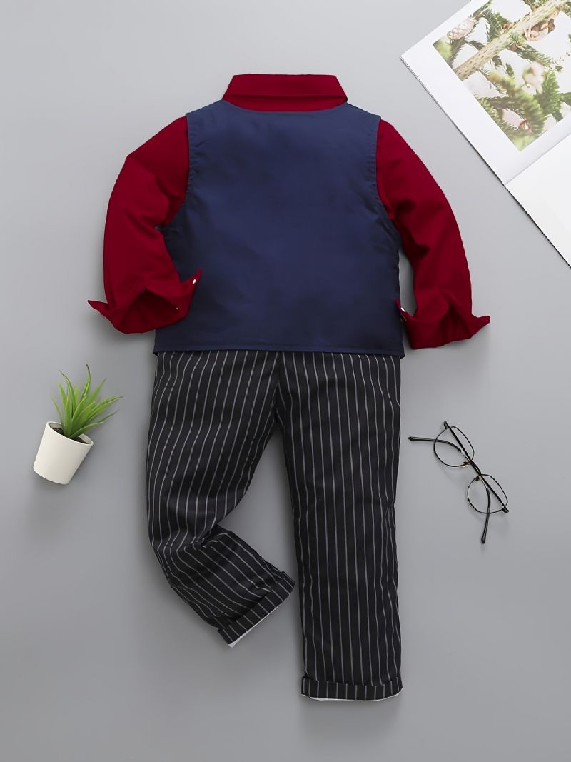 Baby Drenge Herre Outfit Langærmet Bowtie Skjorte & Veste Og Striber Bukser Sæt Børnetøj