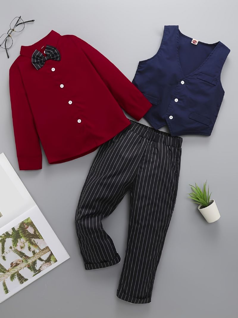 Baby Drenge Herre Outfit Langærmet Bowtie Skjorte & Veste Og Striber Bukser Sæt Børnetøj