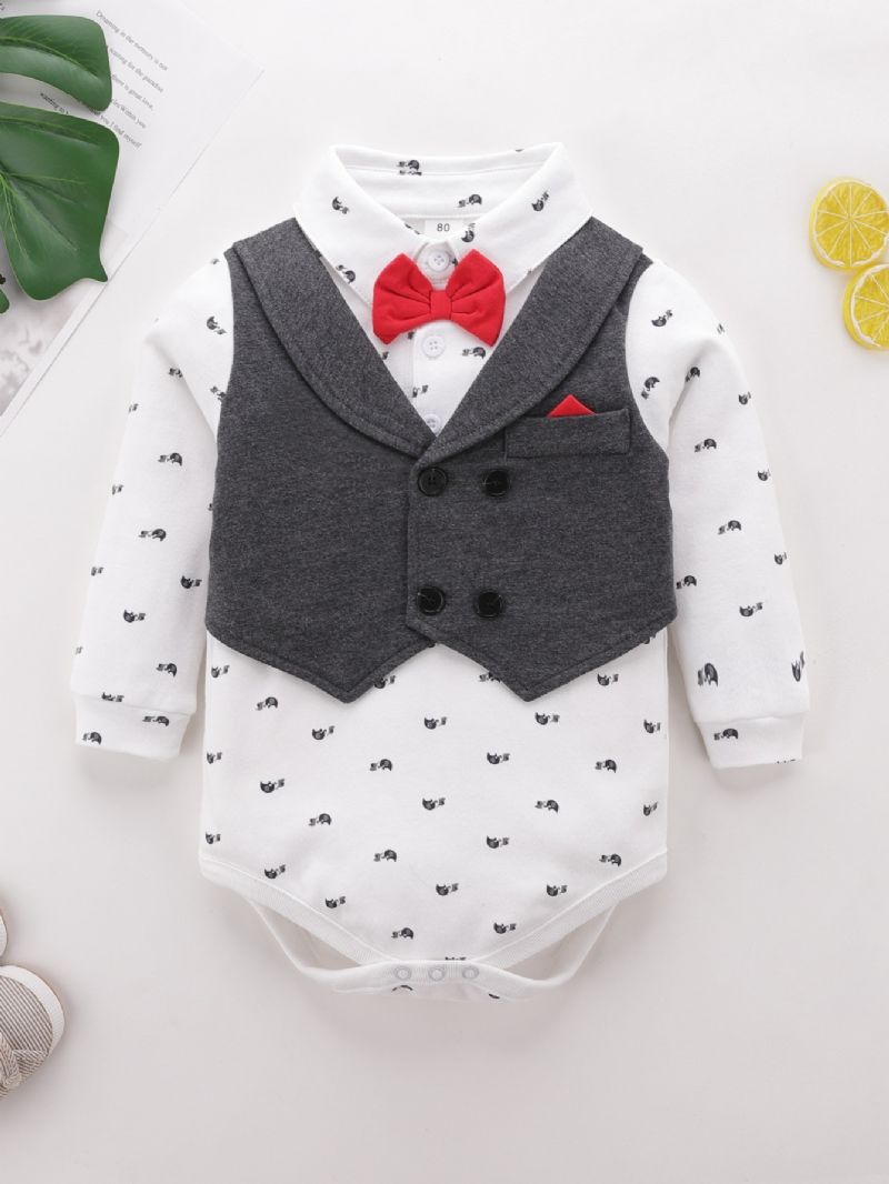 Baby Drenge Herre Outfit Langærmet Bowtie Splejsning Romper Bodysuit & Bukser Sæt Børnetøj