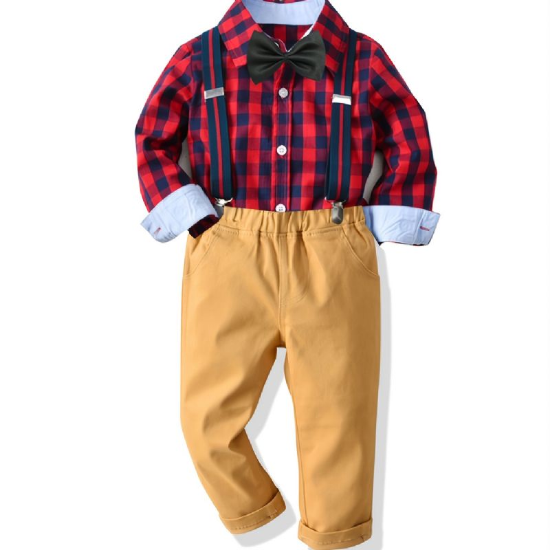 Baby Drenge Herre Outfit Langærmet Butterfly Plaid Skjorte & Selebukser Sæt Børnetøj