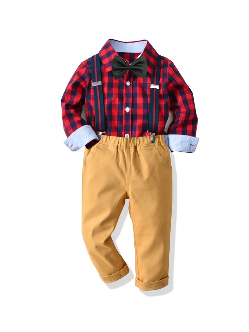 Baby Drenge Herre Outfit Langærmet Butterfly Plaid Skjorte & Selebukser Sæt Børnetøj