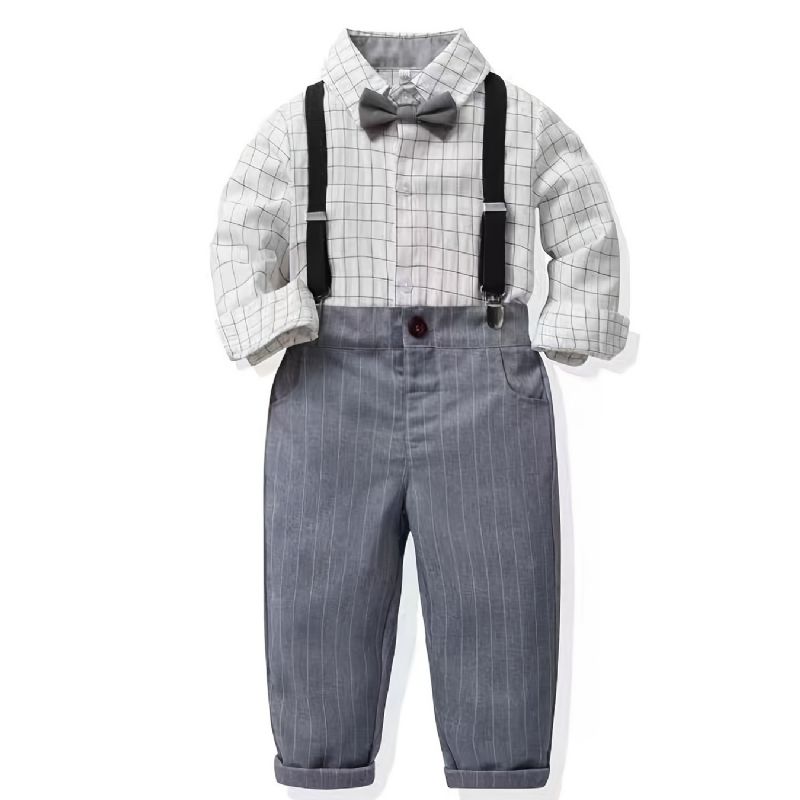 Baby Drenge Herre Outfit Langærmet Plaid Skjorte & Selebukser Med Sløjfe Sæt