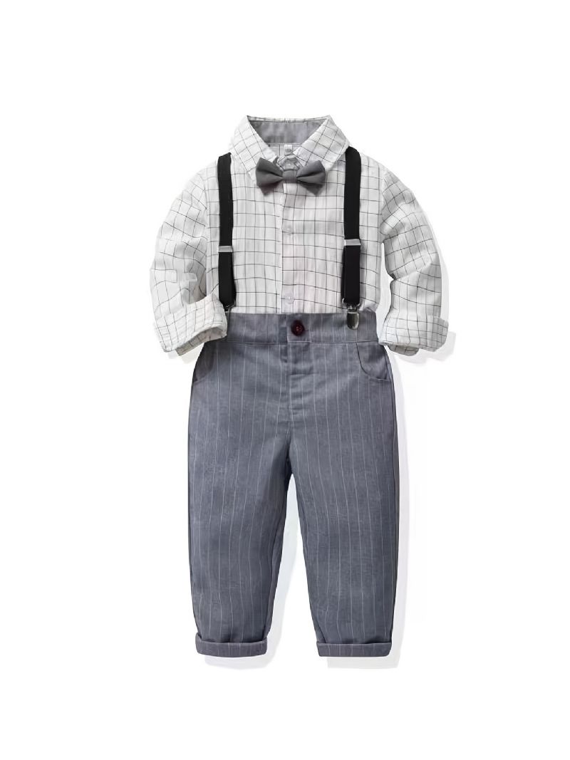 Baby Drenge Herre Outfit Langærmet Plaid Skjorte & Selebukser Med Sløjfe Sæt