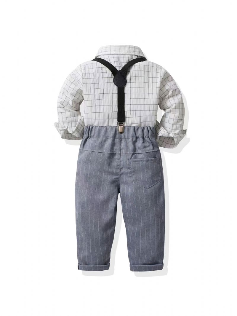 Baby Drenge Herre Outfit Langærmet Plaid Skjorte & Selebukser Med Sløjfe Sæt