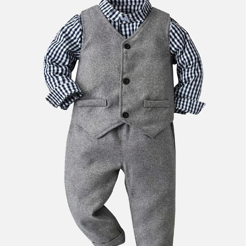 Baby Drenge Herre Sæt Plaid Knappet Skjorte & Vest & Matchende Bukser Sæt Formelt Outfit