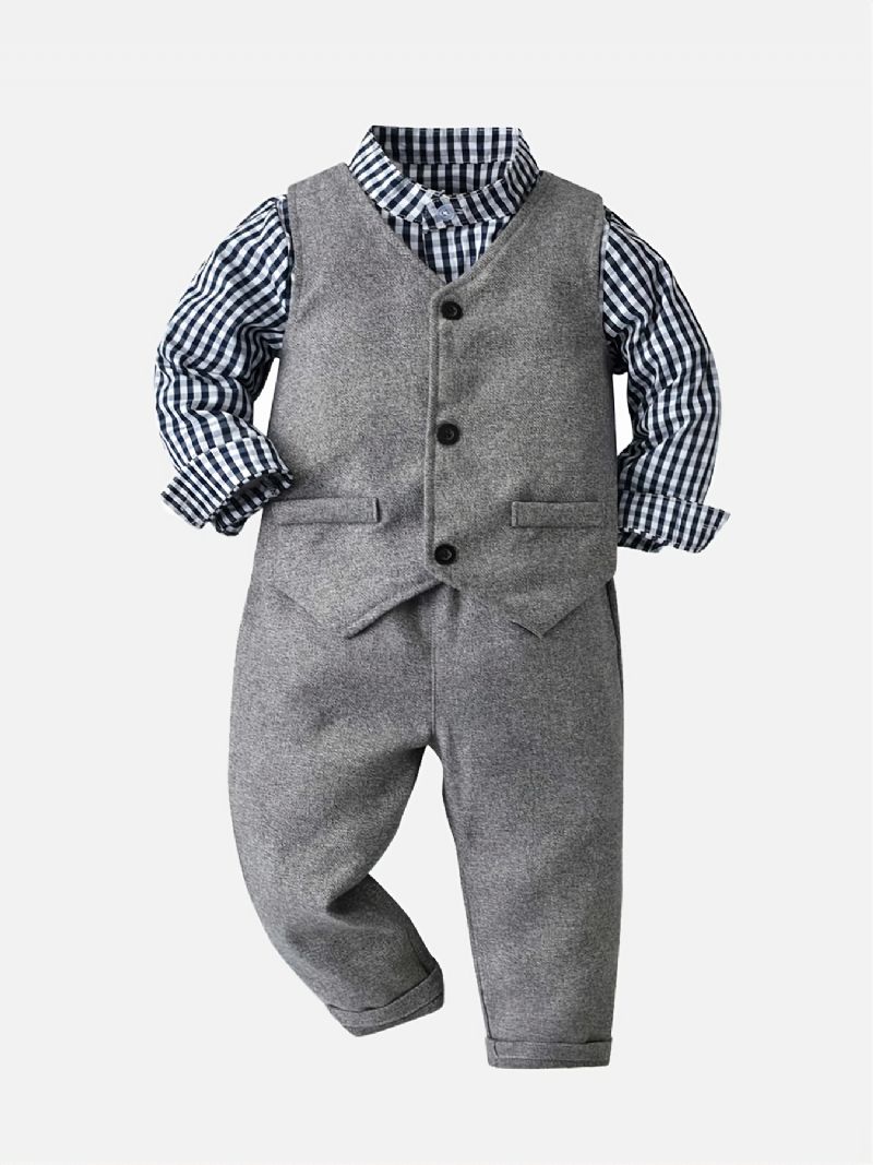 Baby Drenge Herre Sæt Plaid Knappet Skjorte & Vest & Matchende Bukser Sæt Formelt Outfit