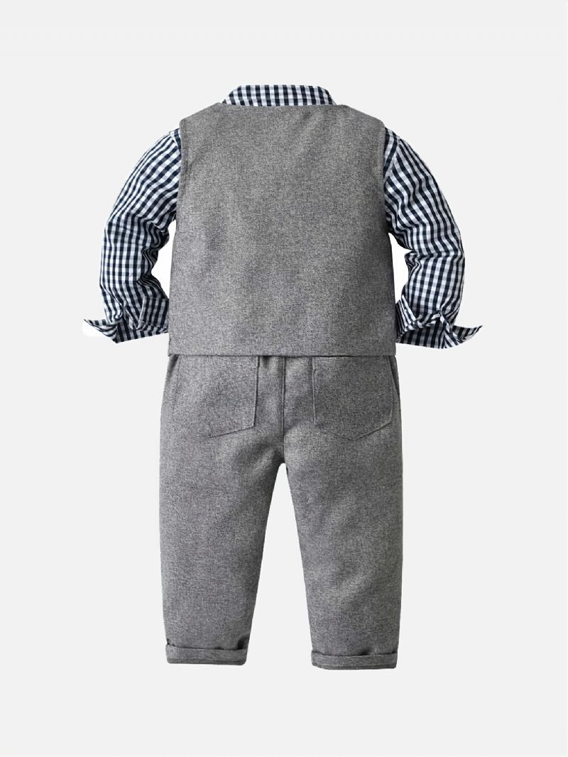 Baby Drenge Herre Sæt Plaid Knappet Skjorte & Vest & Matchende Bukser Sæt Formelt Outfit