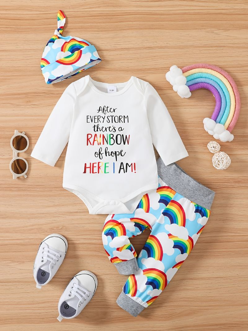 Baby Drenge Piger Bodysuit & Bukser Og Hatte Med Slogan Rainbow Grafisk Babytøj Layette Sæt