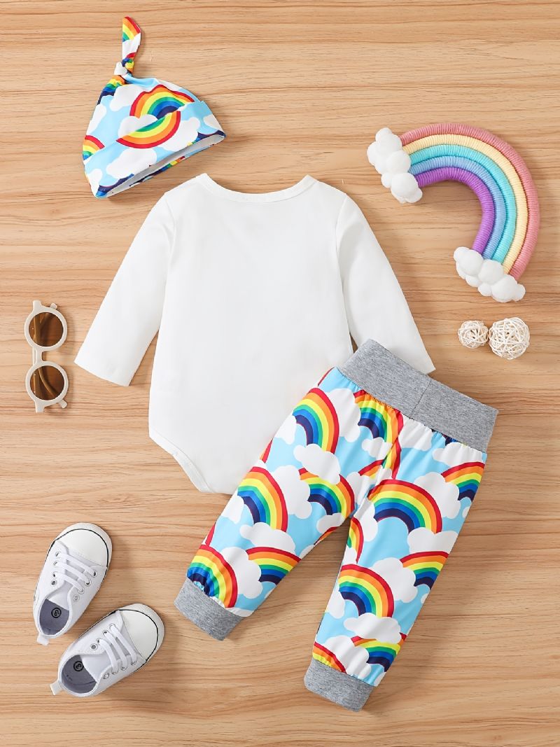 Baby Drenge Piger Bodysuit & Bukser Og Hatte Med Slogan Rainbow Grafisk Babytøj Layette Sæt