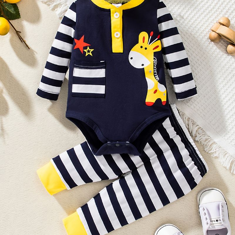 Baby Drenge Piger Langærmet Hjortemønster Romper + Stribede Bukser Sæt Nyfødt Spædbørn Babytøj Layette Sæt