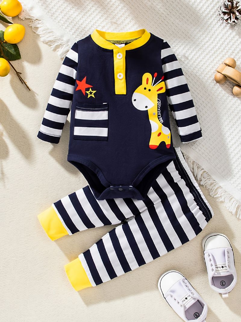 Baby Drenge Piger Langærmet Hjortemønster Romper + Stribede Bukser Sæt Nyfødt Spædbørn Babytøj Layette Sæt