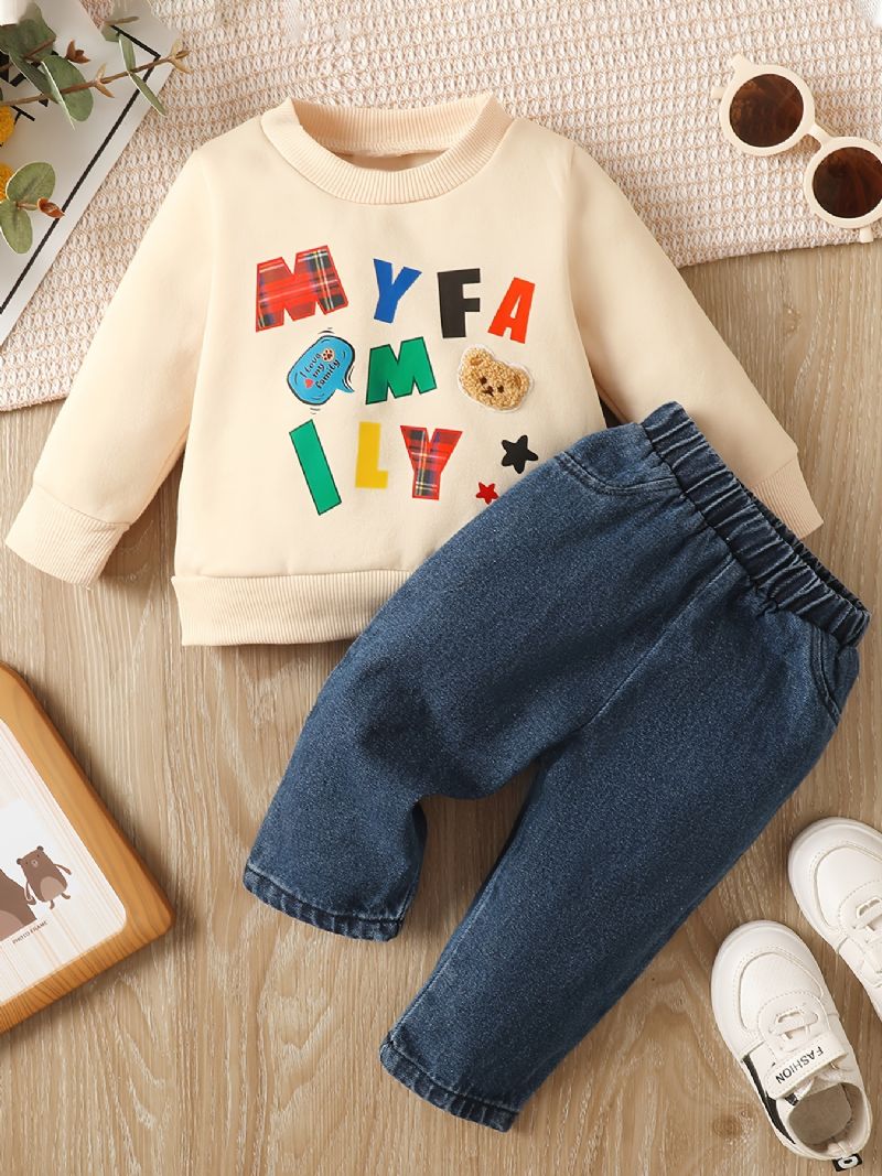 Baby Drenge Pullover Bjørn Brevtryk Langærmet Rundhalset Sweatshirt & Jeans Sæt Børnetøj