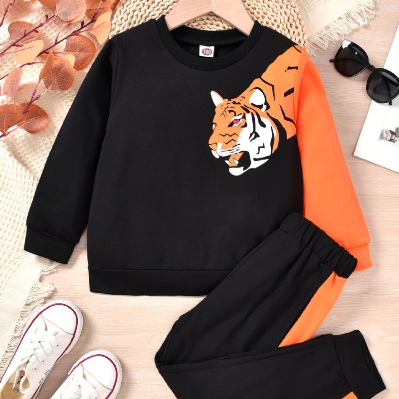 Baby Drenge Pullover Tiger Print Rundhals Langærmet Sweatshirt & Color Block Bukser Sæt Børnetøj