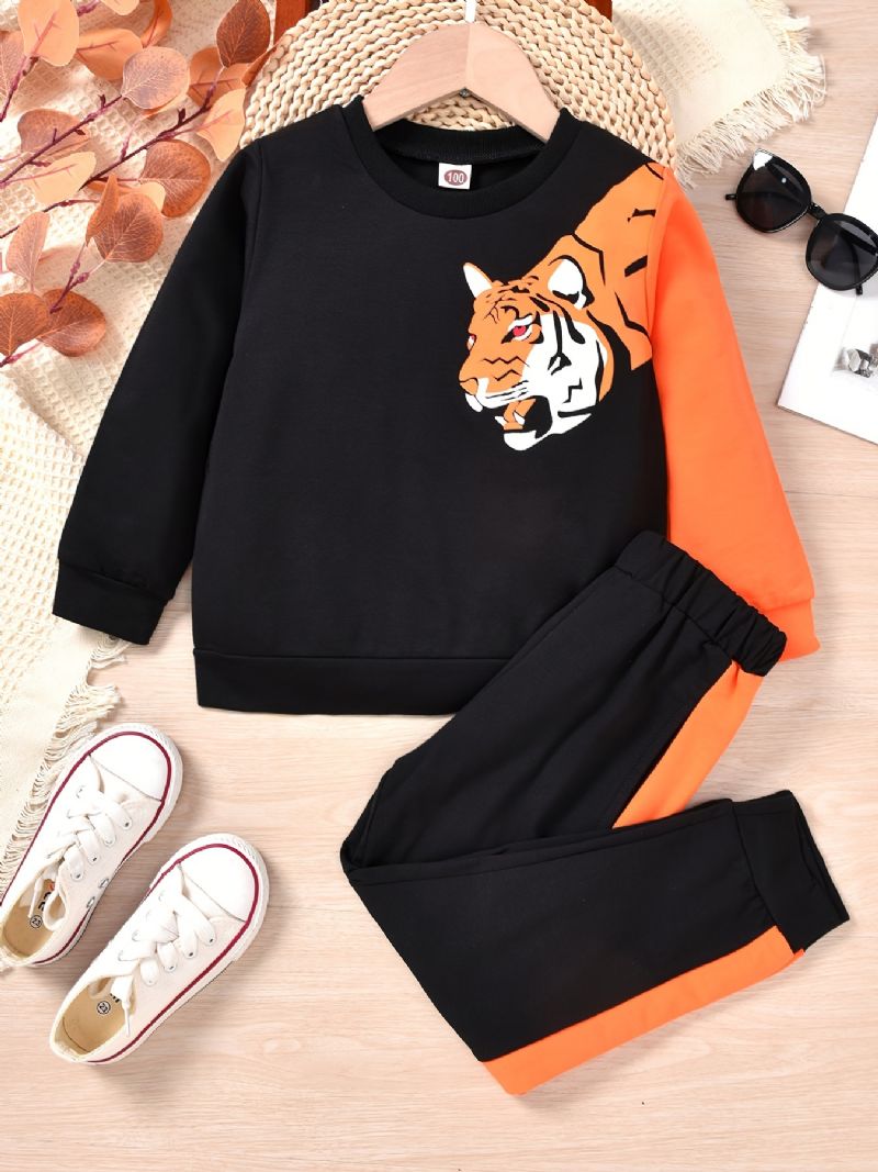 Baby Drenge Pullover Tiger Print Rundhals Langærmet Sweatshirt & Color Block Bukser Sæt Børnetøj