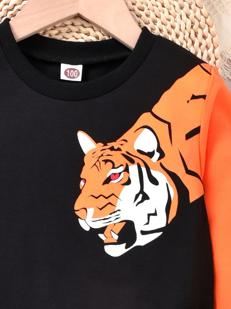 Baby Drenge Pullover Tiger Print Rundhals Langærmet Sweatshirt & Color Block Bukser Sæt Børnetøj