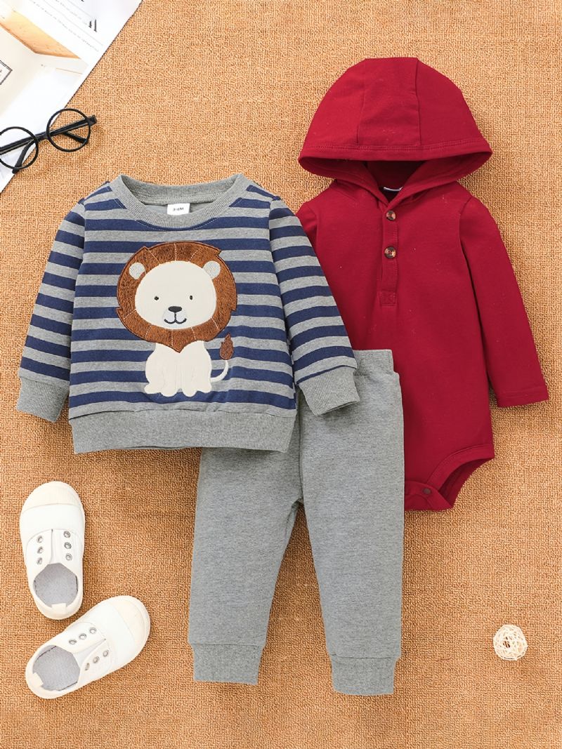 Baby Drenge Rød Bodysuit & Bukser & Stribet Løve Print Sweatshirt Sæt Til Efterår Vinter Ny Jul