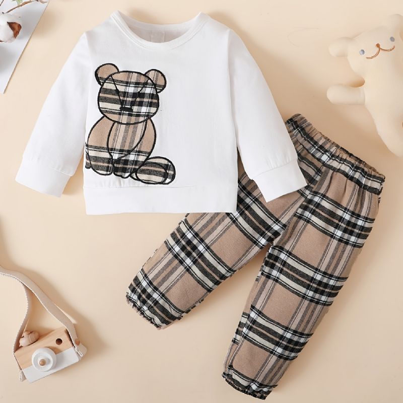 Baby Langærmet Bjørnemønster Sweatshirt + Plaid Bukser Sæt Til Drenge Piger Babytøj