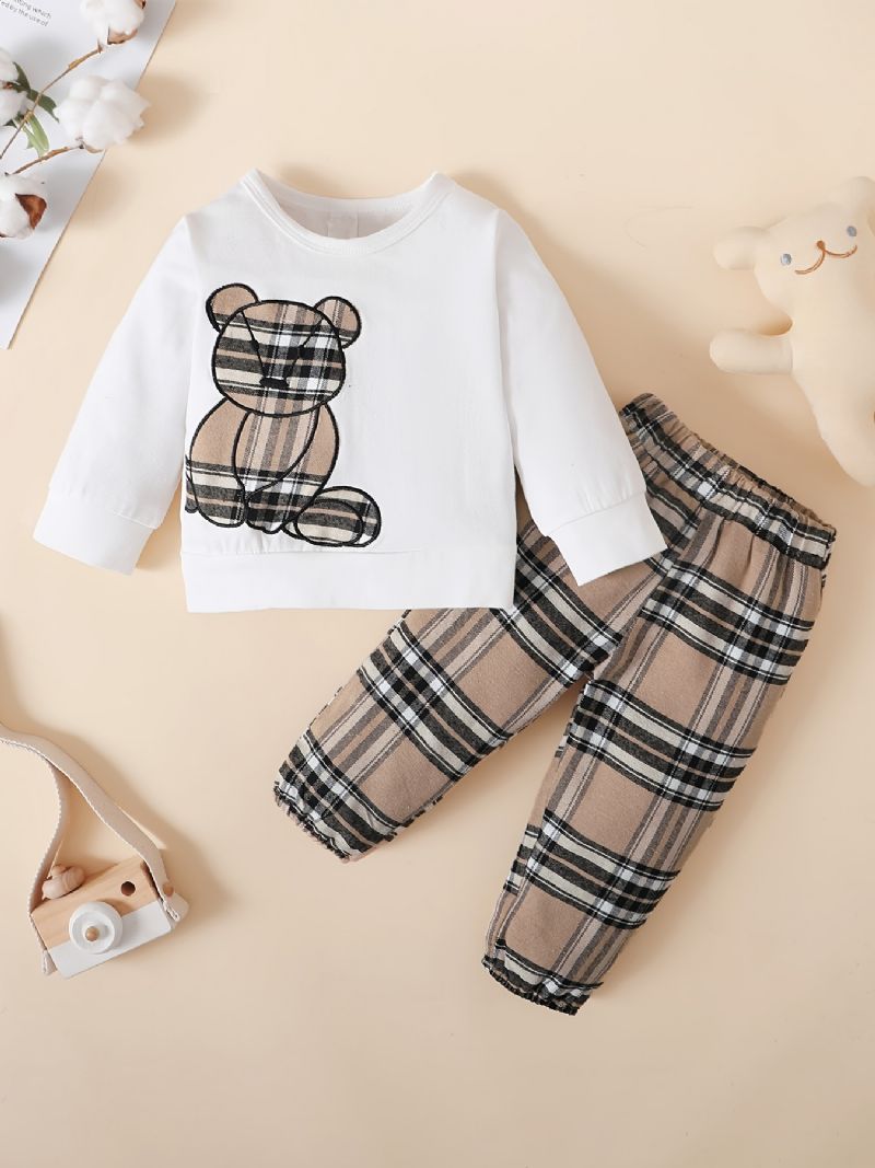 Baby Langærmet Bjørnemønster Sweatshirt + Plaid Bukser Sæt Til Drenge Piger Babytøj