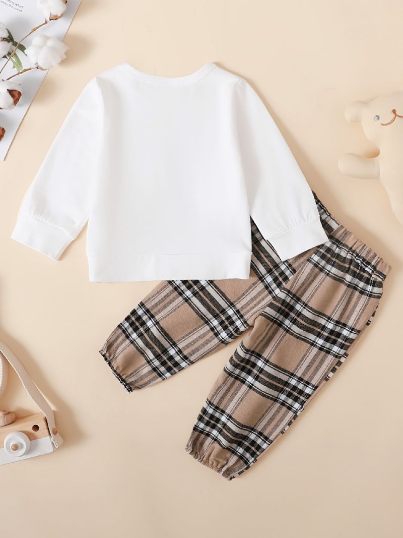 Baby Langærmet Bjørnemønster Sweatshirt + Plaid Bukser Sæt Til Drenge Piger Babytøj