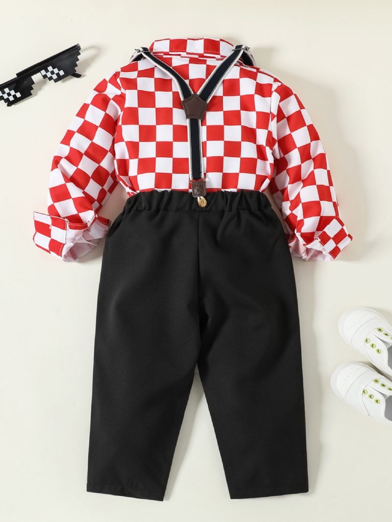 Baby & Lille Dreng Tuxedo Outfit Plaids Butterfly Skjorte + Suspender Bukser Sæt