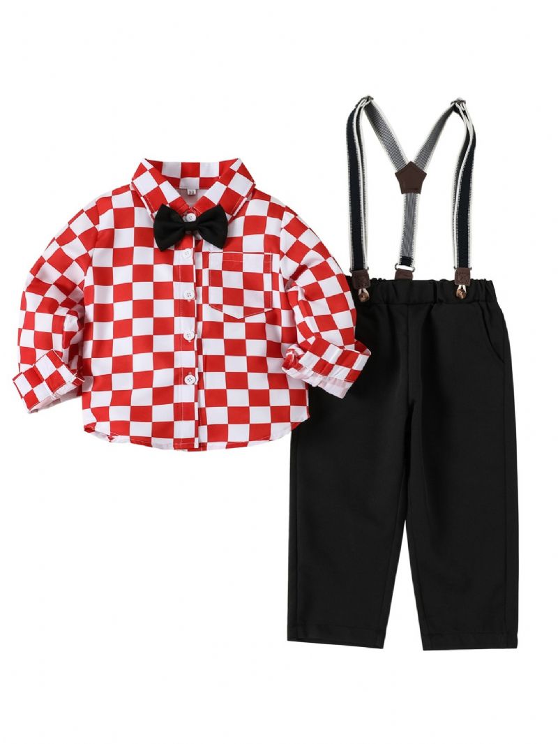 Baby & Lille Dreng Tuxedo Outfit Plaids Butterfly Skjorte + Suspender Bukser Sæt