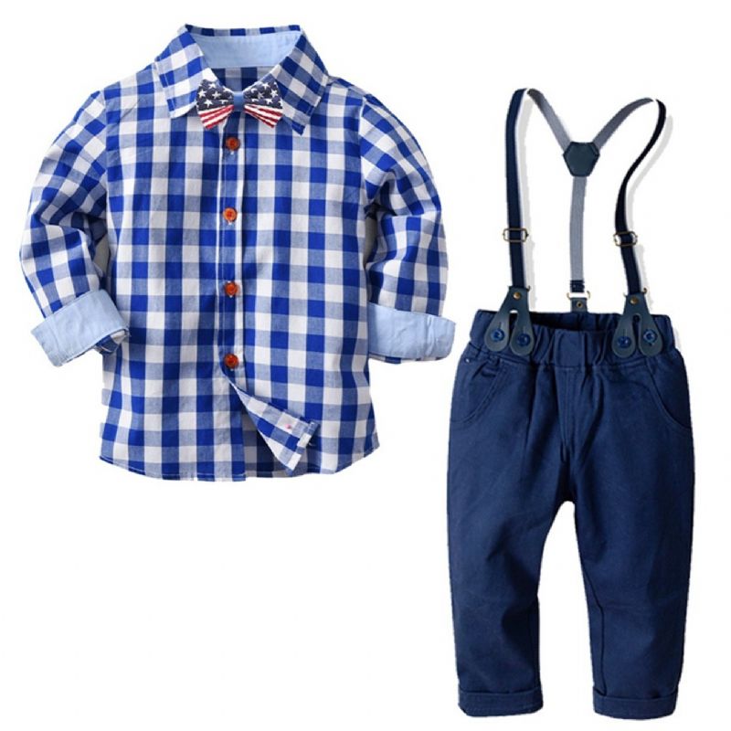 Baby & Little Drenge Gentleman Plaids Butterfly Shirt & Suspender Pants Outfits Sæt