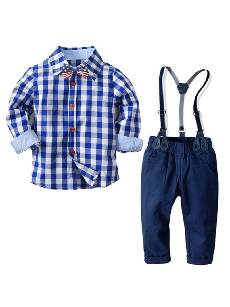 Baby & Little Drenge Gentleman Plaids Butterfly Shirt & Suspender Pants Outfits Sæt