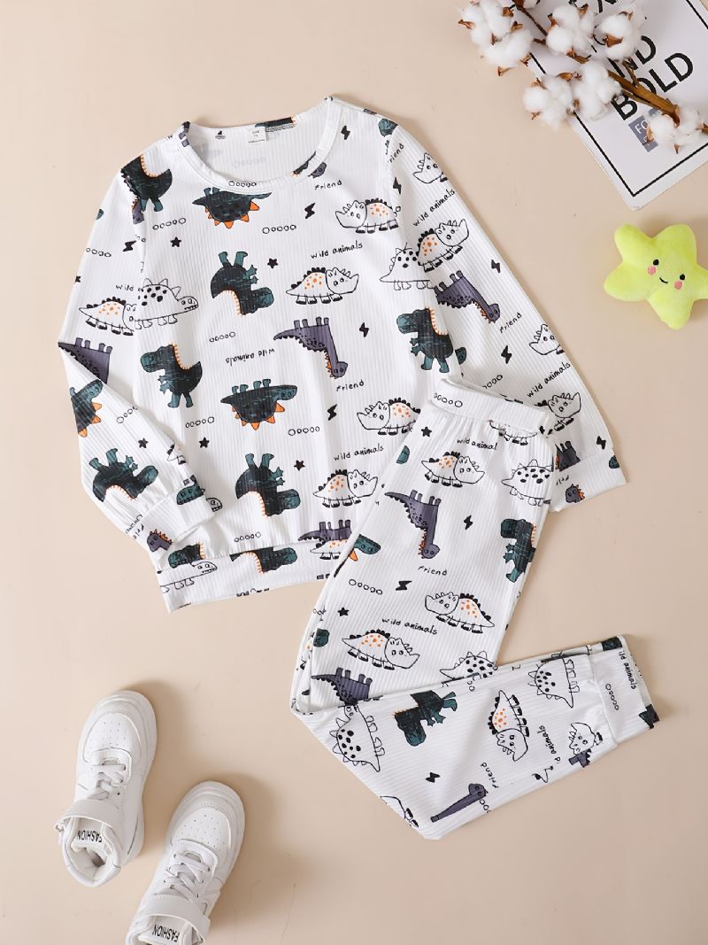 Børn Drenge Lounge Wear Homewear Langærmet Top & Matchende Bukser Sæt Med Dinosaur Print