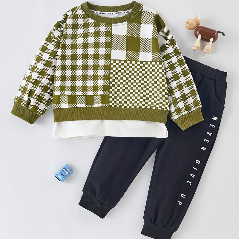 Dreng Plaid Patchwork Pullover Top + Bukser Sæt Babytøj