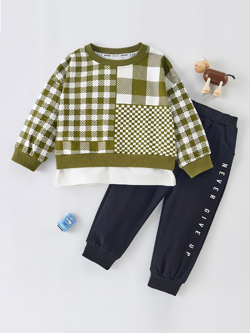 Dreng Plaid Patchwork Pullover Top + Bukser Sæt Babytøj