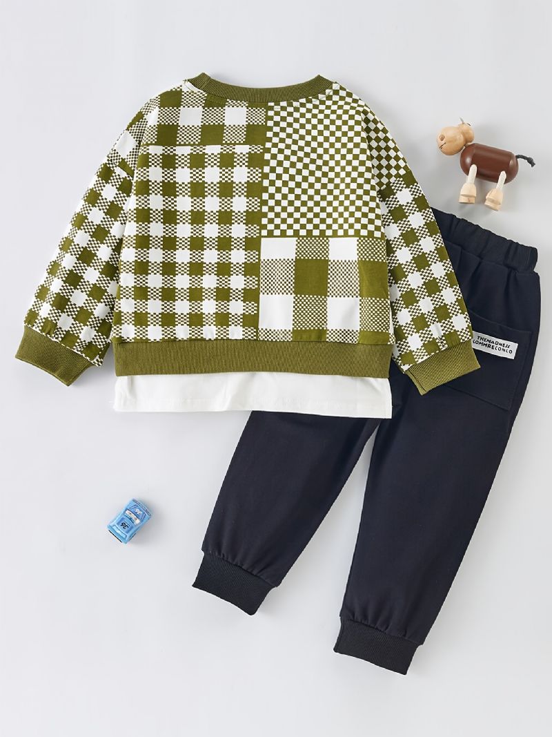 Dreng Plaid Patchwork Pullover Top + Bukser Sæt Babytøj