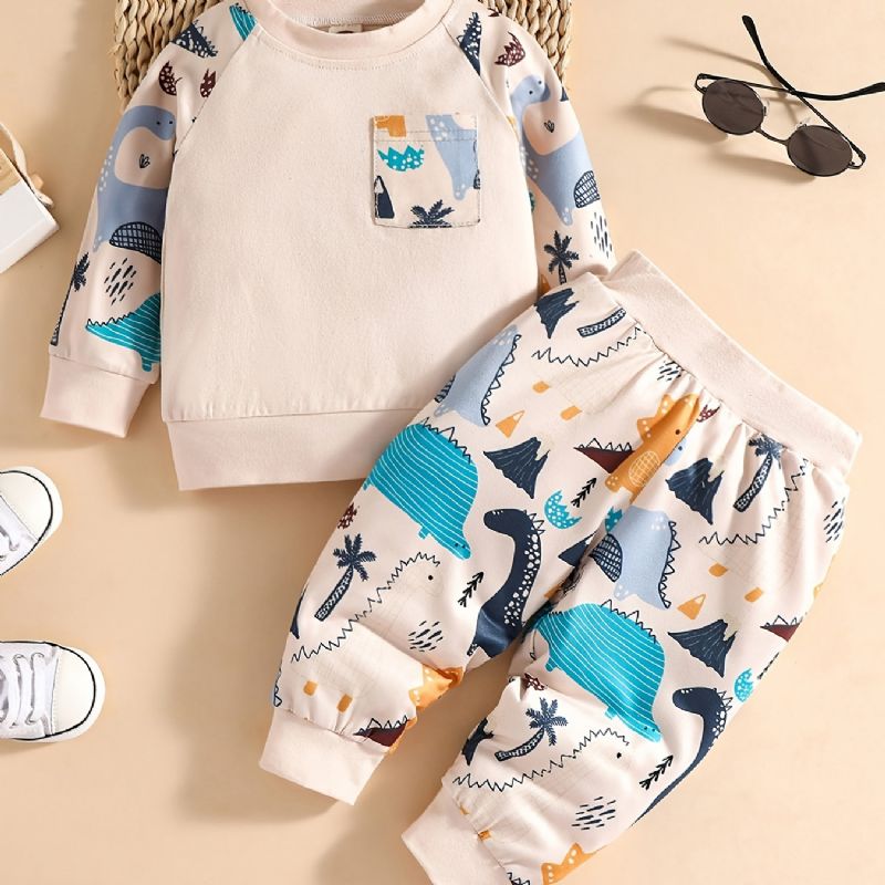 Drenge Bomuld Pullover Sweatshirt + Bukser Sæt Outfit Babytøj Dinosaur Tegneserie