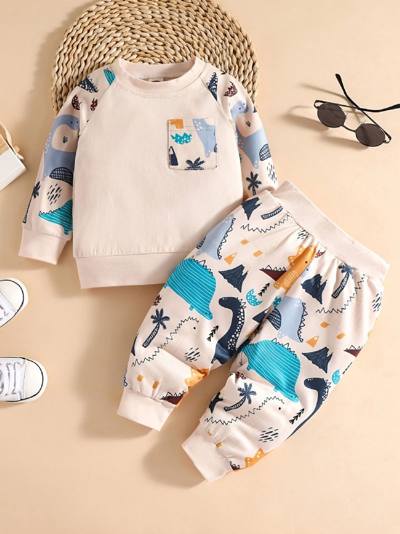 Drenge Bomuld Pullover Sweatshirt + Bukser Sæt Outfit Babytøj Dinosaur Tegneserie