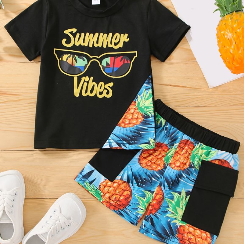 Drenge Brevbriller Ananas Print Tee & Pocket Shorts Børnetøj Sæt