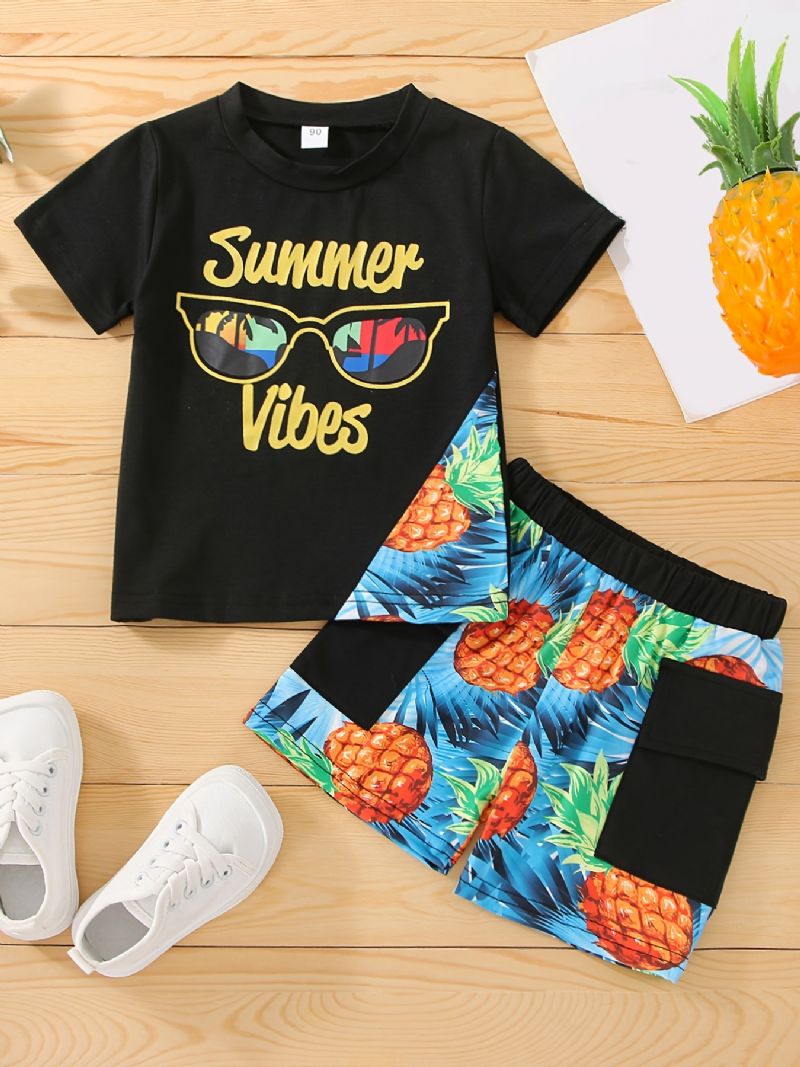 Drenge Brevbriller Ananas Print Tee & Pocket Shorts Børnetøj Sæt