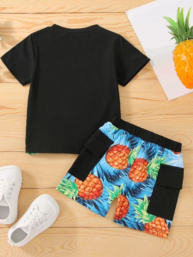 Drenge Brevbriller Ananas Print Tee & Pocket Shorts Børnetøj Sæt