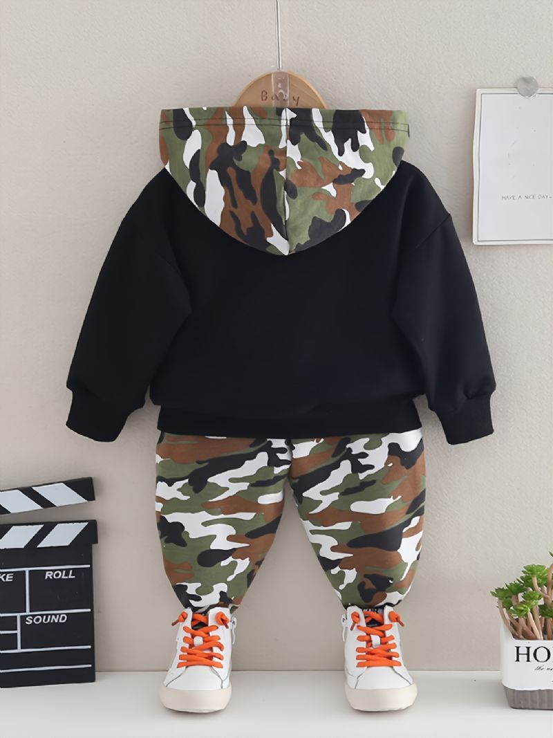 Drenge Casual Camouflage Bogstaver Trykt Hætte Langærmede Sweatshirts Bukser Sæt Efterår Vinter