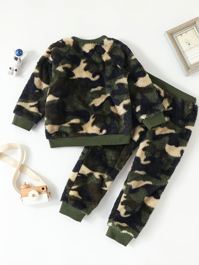 Drenge Casual Fleece Termisk Camouflage Sæt Med Langærmet Pullover Sweatshirt & Bukser