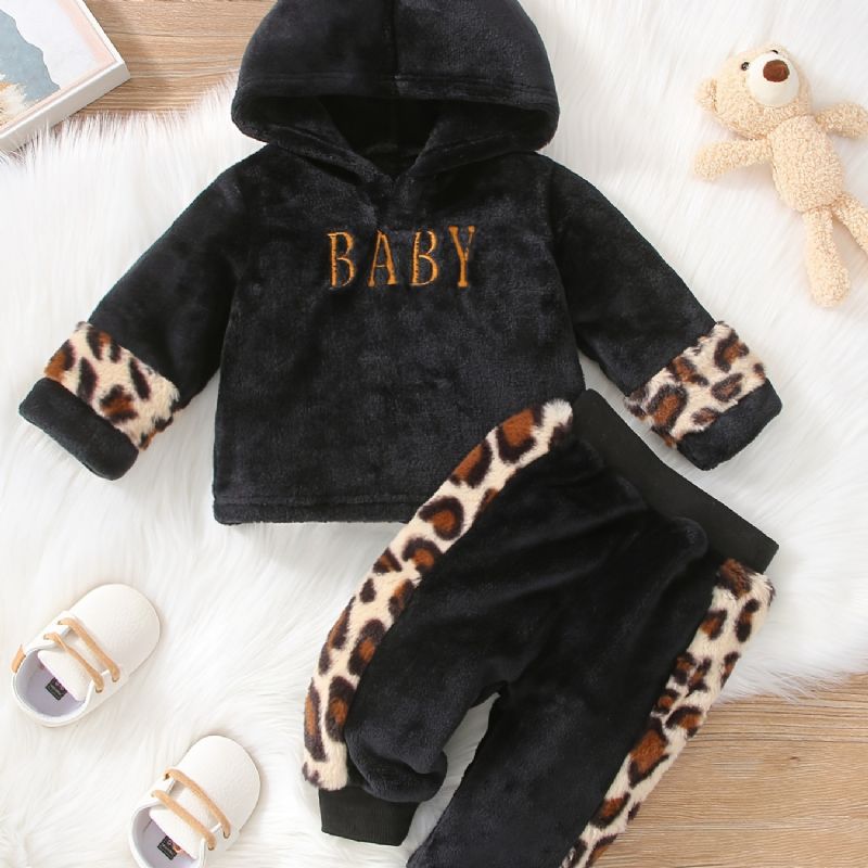 Drenge Casual Fleece Termisk Leopard Print Hættetop & Bukser Sæt Til Vinter