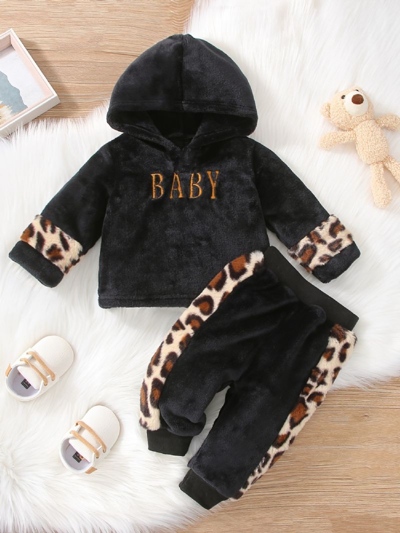 Drenge Casual Fleece Termisk Leopard Print Hættetop & Bukser Sæt Til Vinter