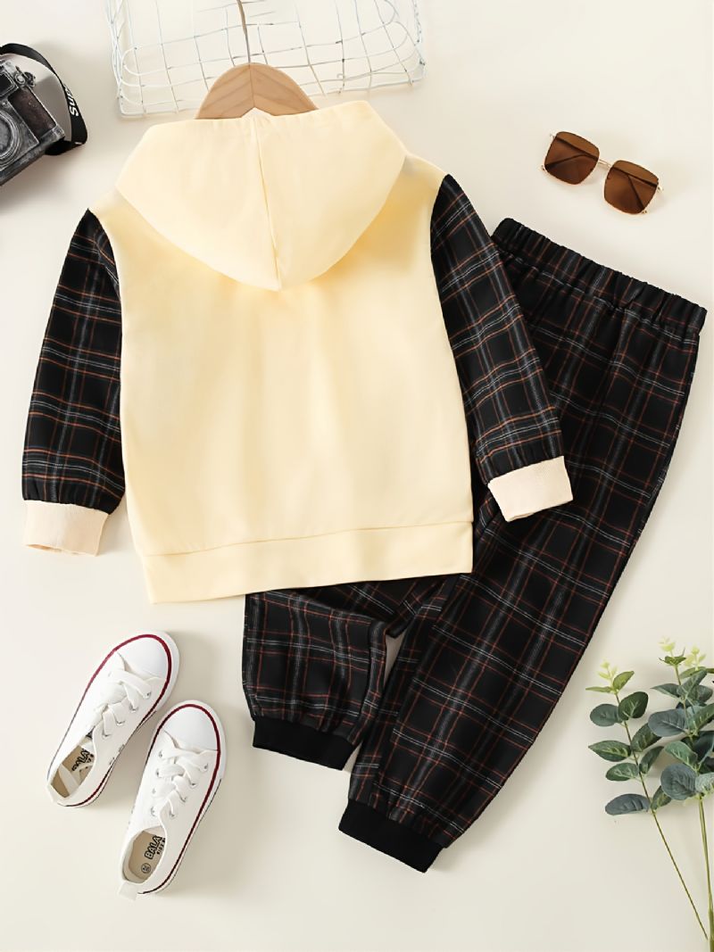 Drenge Casual Plaid Colorblock Letter Langærmet Hættetrøjebuksesæt Efterår Vinter