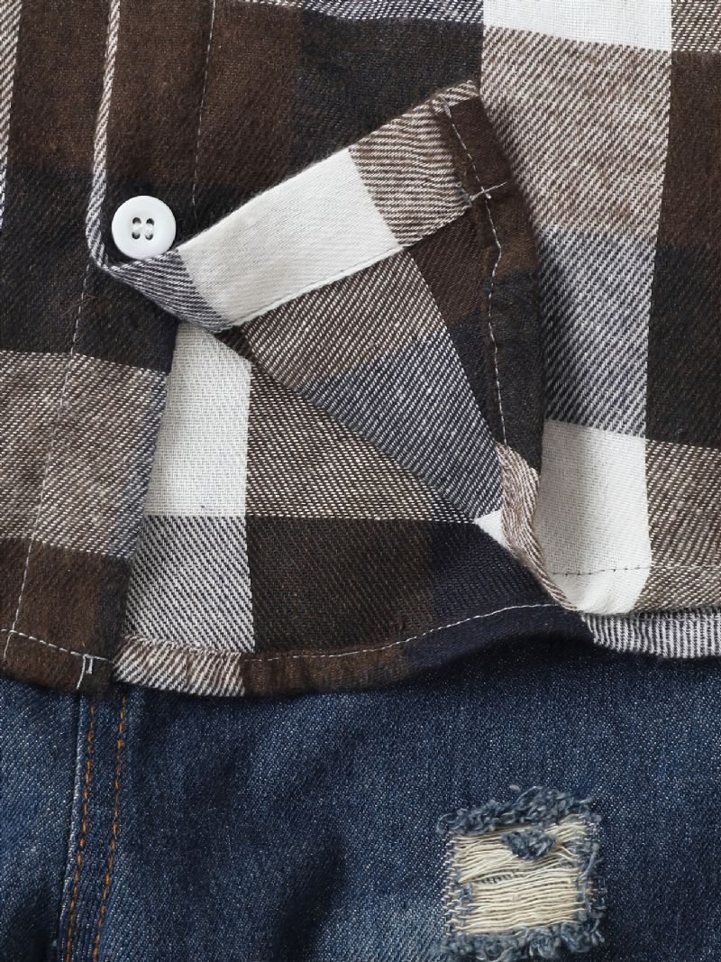 Drenge Casual Plaid Skjorte & Ripped Jeans Suit Autumn Winter