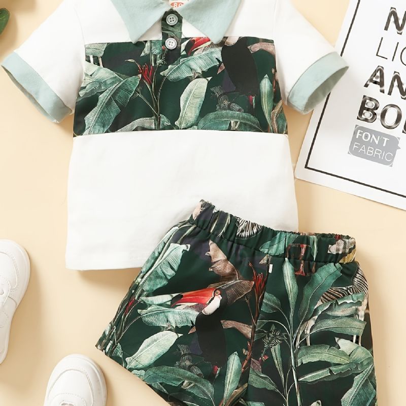 Drenge Color Block Shirt + Tropical Print Shorts Sæt Babytøj Til Sommer